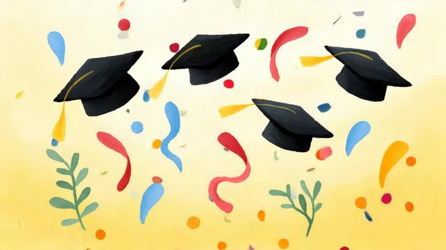 Colorful Graduation Caps Floating Amidst Celebratory Confetti and Streamers on Bright Background