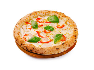 Delicious pizza topped with fresh ingredients and basil served on a wooden board