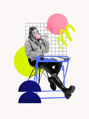 A trendy student sits at a desk chewing gum with a carefree expression, surrounded by fun school...