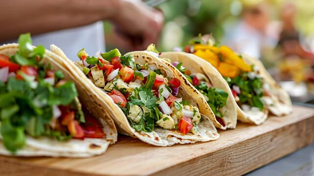 Freshly prepared chicken tacos with colorful vegetables on rustic wooden platter outdoors