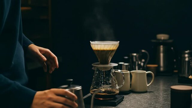 pouring hot water over coffee filter, brewing fresh coffee at home, coffee making process