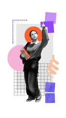 A student gestures upward with a confident pose, holding school books against a background of graphs and paper shapes. Concept of creative youth branding and identity design