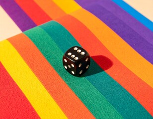 A single black die with white pips sits atop a vibrant, rainbow-striped background, symbolizing chance, risk, and the unpredictable nature of life.