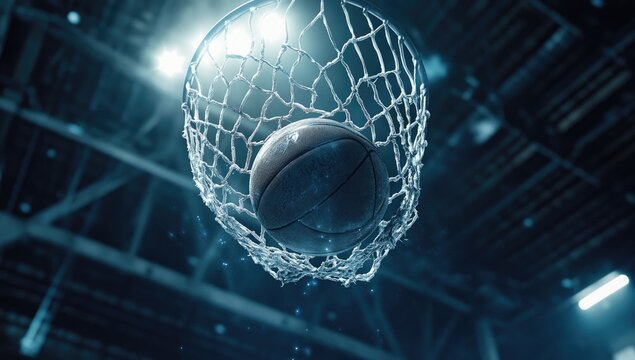 Basketball swishing through net in arena (1) - Powered by Adobe