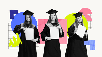 Three young graduates in caps and gowns hold up blank diplomas, framed by bright paper-cut shapes...