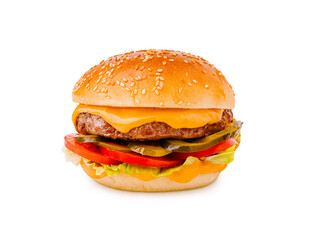 Delicious cheeseburger with fresh vegetables and sesame seed bun served hot