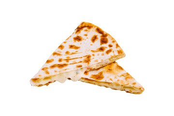 Melted cheese in crispy flatbread on a white background