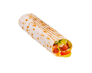 Wrap filled with fresh vegetables and meats served on a flatbread