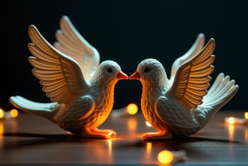 Fototapeta premium Two white doves facing each other, symbolizing love and unity, illuminated by soft candlelight.
