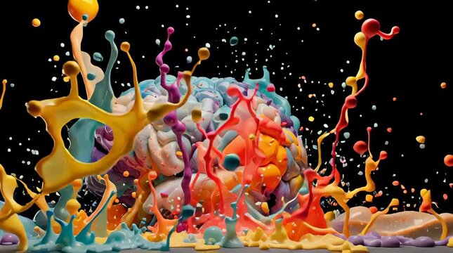 Abstract Human Brain Exploding in Vibrant Paint .Vivid transformation of cosmic brain evolving through explosive galactic colors.