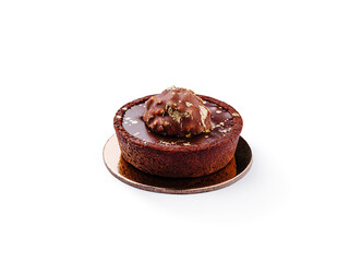 Indulgent chocolate dessert with a rich topping on a shiny base