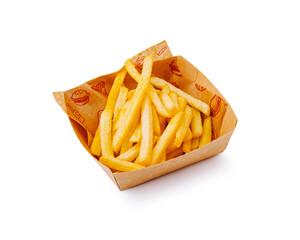 Crispy golden fries served in a paper tray at a casual dining location