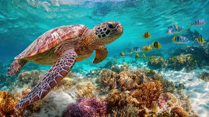 Obraz premium Sea turtle swims over vibrant coral reef
