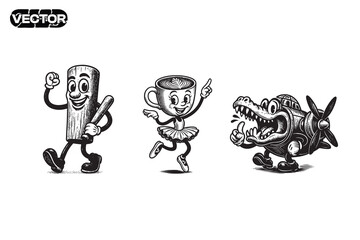 Collection of retro cartoon anomaly characters, vector illustration. tung tung tung sahoor, ballerina cappucina, bombardiro crocodilo