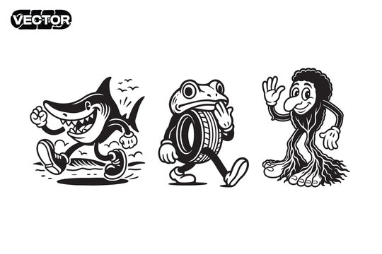 Collection of retro cartoon anomaly characters, vector illustration. tralalero tralala, boneca ambalabu, brr brr patapim