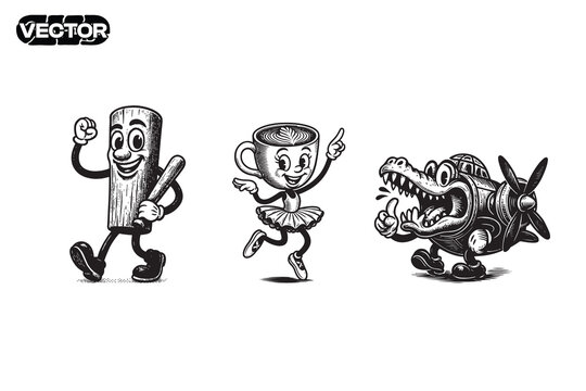 Collection of retro cartoon anomaly characters, vector illustration. tung tung tung sahoor, ballerina cappucina, bombardiro crocodilo