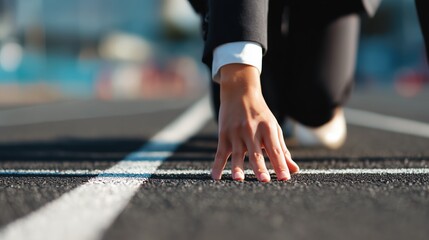 Businesswoman ready to start a race in a running track