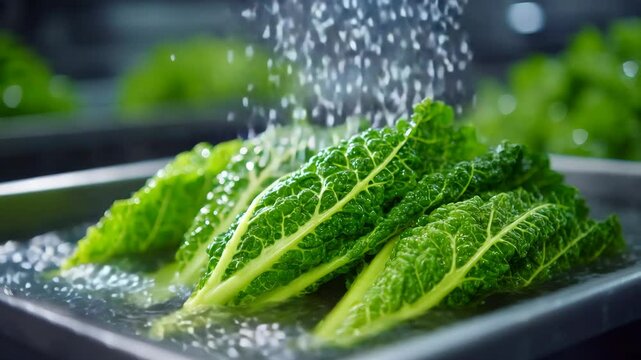 Fresh Romaine Lettuce Being Rinsed Under Water Spray in a Kitchen Setting