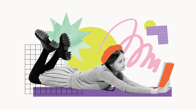 A schoolgirl with glasses reads while lying down, surrounded by abstract shapes, showcasing learning through creativity. Concept of back-to-school advertising