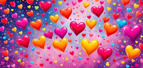 Whimsical colorful hearts dance joyfully, celebrating in a vibrant, cheerful swirl,  banner,  party