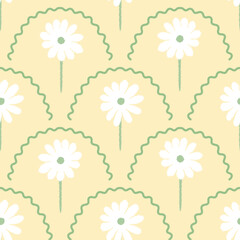 Floral arch seamless pattern. Scallop half circle geometrical botanical ornament. Art nouveau stylized hand drawn small white flowers and leaves on butter yellow background. Repeat allover backdrop
