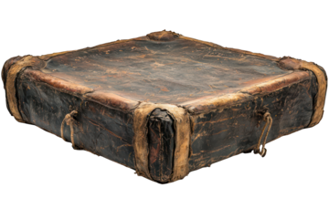 Aged leather-bound book or large case.  Dark, worn leather cover with aged,  distressed appearance.  Square shape,  showing thick leather binding