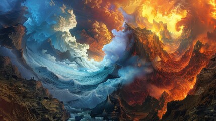 Dynamic Abstract Sky: Swirling Blue and Orange Clouds in a Surreal Landscape