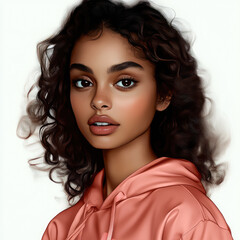 Naklejka premium young Mixed races French woman with curly hair honey skin tone wearing pink hoodie, exuding confidence and charm. Her expressive eyes and natural beauty create striking visual impact