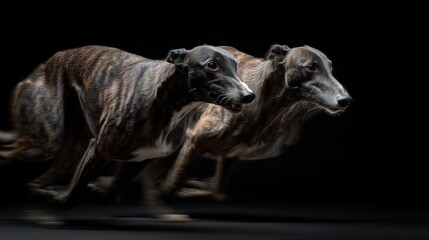 Fototapeta premium Two Brindle Greyhounds Running on Black Background