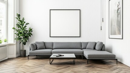 Modern living room interior with gray sectional sofa and empty framed art.