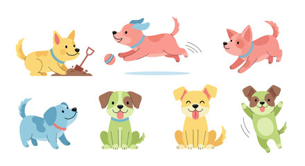 Playful Colorful Cartoon Puppy Dogs in Various Poses on White Background
