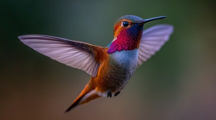 Colorful hummingbird hovering with open wings showing its beautiful iridescent plumage