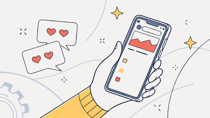 Hand Holding Smartphone with Social Media Post and Likes.