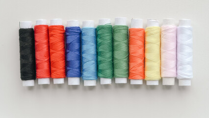 Sewing composition with threads, pins, and tape on neutral white surface