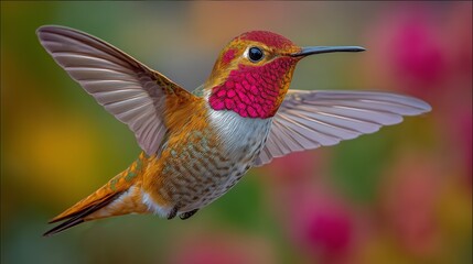 Allen's hummingbird hovering with blurred flowers background