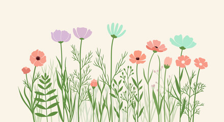 Fototapeta premium Colorful Wildflowers Growing in Green Grass on Light Beige Background 