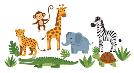 Obraz premium Cute Colorful Cartoon Jungle Animals Group with Playful Monkey and Green Plants 