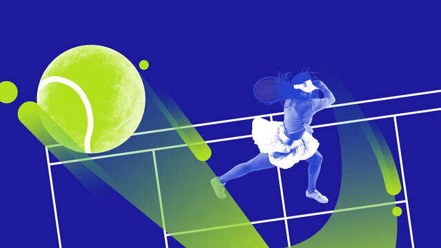 Tennis athlete in motion on stylized court with oversized ball and bright colors. Concept of energy, sport, fitness and digital art. Youth culture, action and competition in vibrant design.