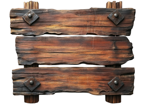 Aged wooden sign, weathered and rustic.  Three planks, dark brown, showing texture, with metal studs