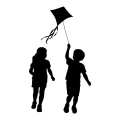 Children flying kites silhouette, little boy and girl with flying kite 