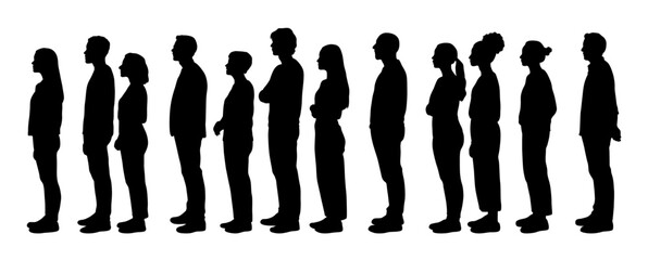Man and woman standing in line, line up, Diverse people waiting patiently in line