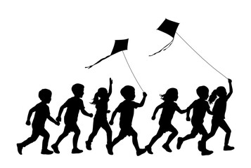 Children flying kites silhouette, playful childhood lifestyles, Little running boy and girl with flying kite