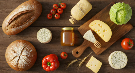 Artisan bread and cheese arrangement rustic kitchen food photography natural lighting still life culinary delight