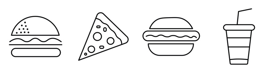 Fast food icon set. Burger sandwich pizza hot dog cola coffee sweets. fast food thin line icons. vector illustration on white background
