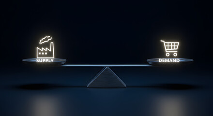 Balancing supply and demand in economics digital marketplace infographic dark environment conceptual view