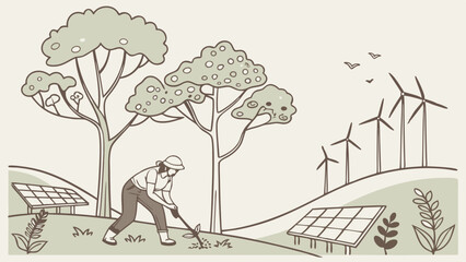 Sustainable Energy and Agriculture A Cartoon Illustration of EcoFriendly Practices.