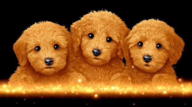 Three Fluffy Golden Puppies with Sparkling Background Displaying Innocence and Curiosity
