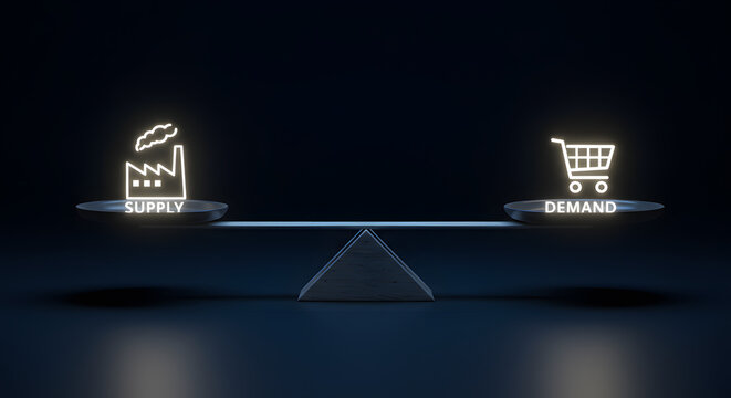 Balancing supply and demand in economics digital marketplace infographic dark environment conceptual view