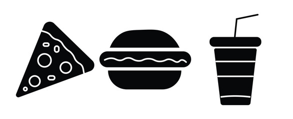 Fast food icon set. Burger sandwich pizza hot dog cola coffee sweets. fast food thin line icons. vector illustration on white background
