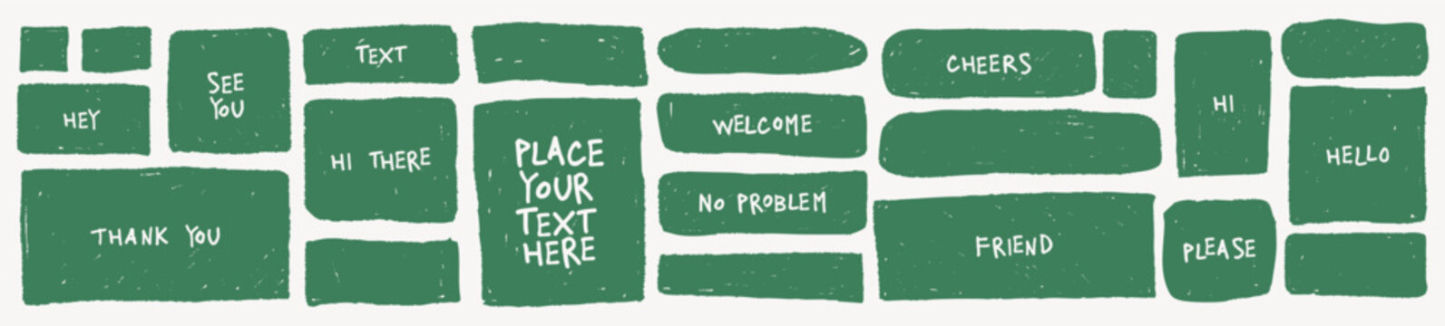 Green crayon speech blocks in irregular shapes for school boards, chalk kid graphics, editable notes, children&rsquo;s quotes.  Rough text box form fits classroom elements, learning materials.